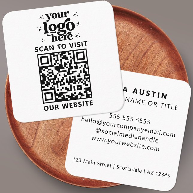 QR Code Business Logo Professional Modern White Square Business Card (Creator Uploaded)