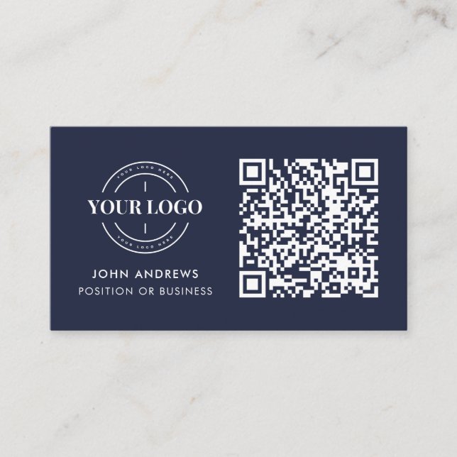 QR Code Business Logo Professional Navy Blue Card (Front)