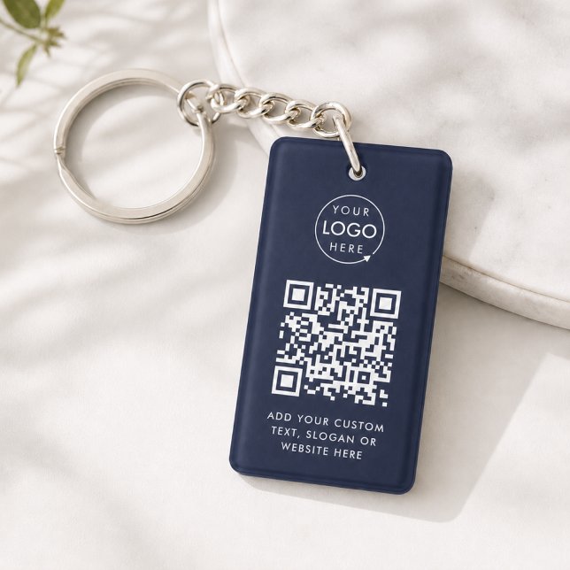 QR Code | Business Logo Professional Navy Blue Key Ring (Versatile editable keychain template with interactive QR code & your business logo in navy blue)