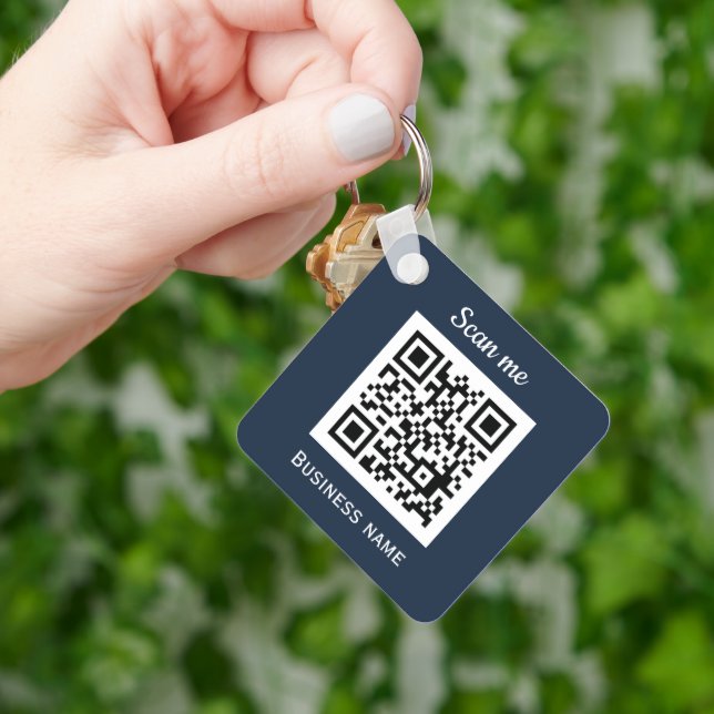 QR Code Business Logo Professional Navy Blue Key Ring (Hand)