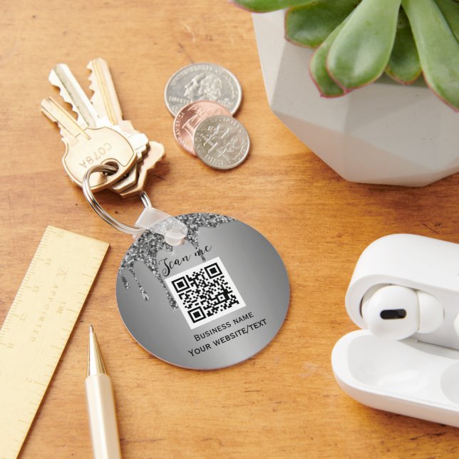 QR Code Business Logo Professional Silver Key Ring (Desk)
