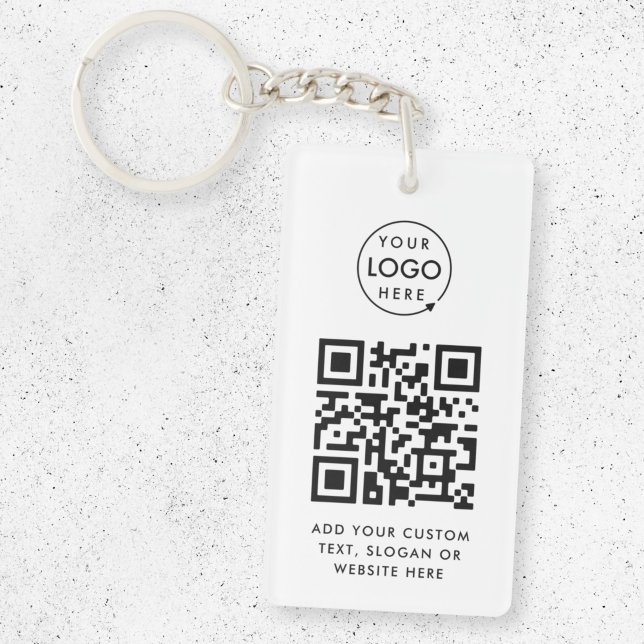 QR Code | Business Logo Professional Simple White Key Ring (Versatile editable keychain template with interactive QR code & your company logo.)