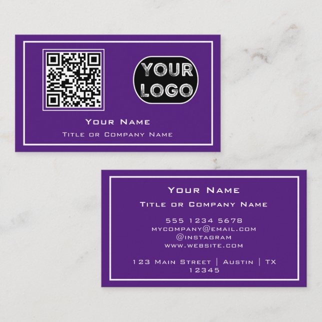QR Code Business Logo Purple Minimalist Business Card (Front/Back)