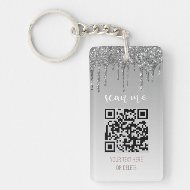 QR Code Business Logo Silver Glitter Drip Key Ring (Front)
