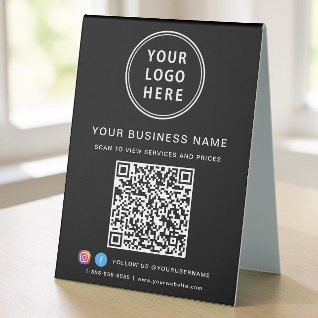 QR Code Business Logo Social Media Black (Business Logo QR Code Social Media Black Table Tent)