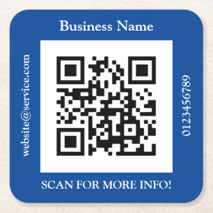 QR Code Business Name, Website Promo, Deep Blue Square Paper Coaster