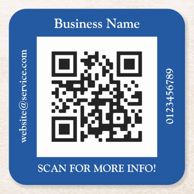 QR Code Business Name, Website Promo, Deep Blue Square Paper Coaster (Front)