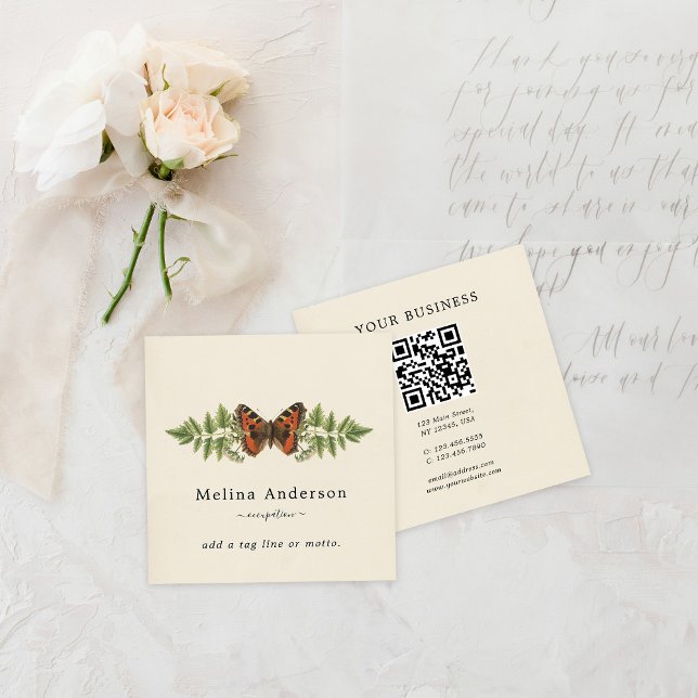 QR Code Butterfly Botanical Square Business Card (Creator Uploaded)