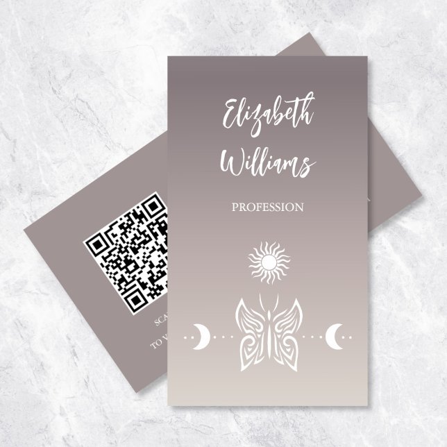 QR Code | Butterfly Moon Taupe Beige Tan Gradient Business Card (Creator Uploaded)