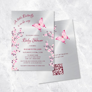 QR Code   Butterfly Silver   Girl Baby Shower  Invitation