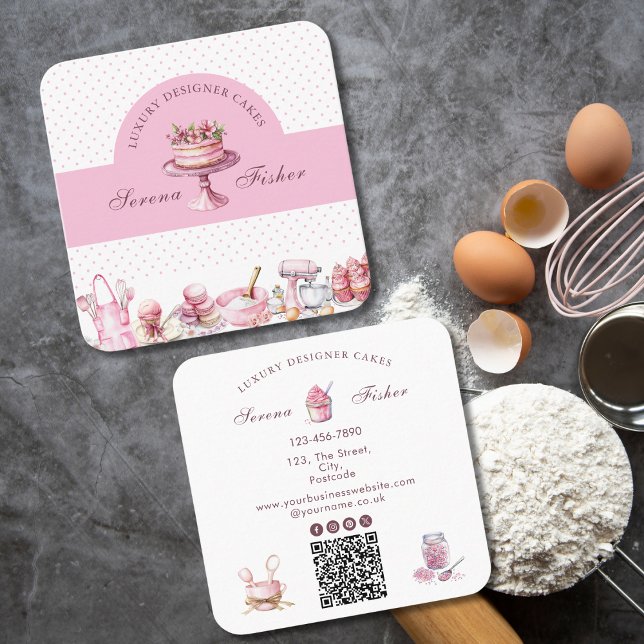 QR Code Cake Baker Polka Dot Chic Pink Square Business Card (Creator Uploaded)