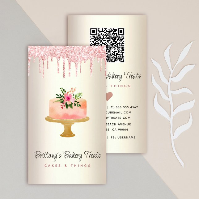 QR Code Cake Blush Pink Glitter Drips Gold Bakery Business Card (Creator Uploaded)