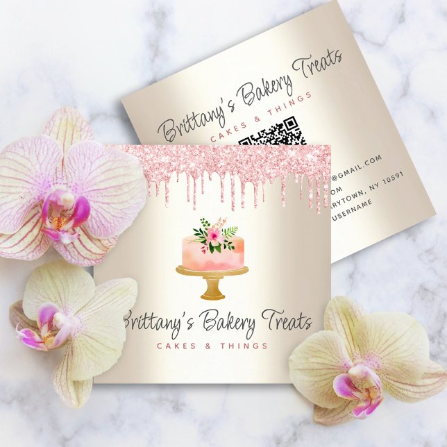 QR Code Cake Blush Pink Glitter Drips Gold Bakery Square Business Card (Creator Uploaded)