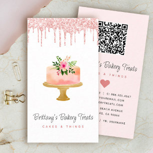 QR Code Cake Blush Pink Glitter Drips Pastry Chef Business Card