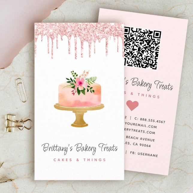 QR Code Cake Blush Pink Glitter Drips Pastry Chef Business Card (Creator Uploaded)