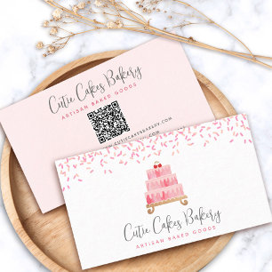 QR Code Cake Blush Pink Sprinkles Pastry Chef Chic Business Card