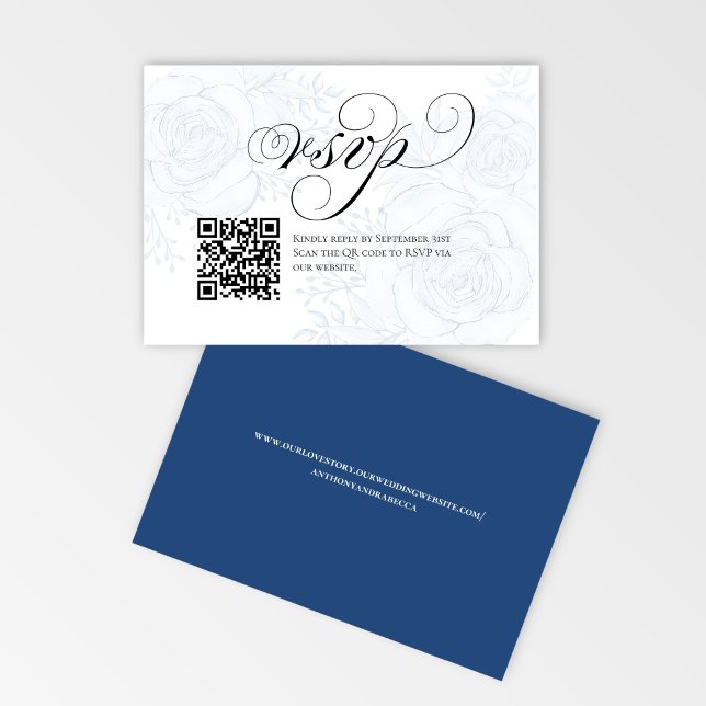 QR Code Calligraphy Wedding RSVP Response Card (Elegant blue floral RSVP card with QR code for easy online wedding response)