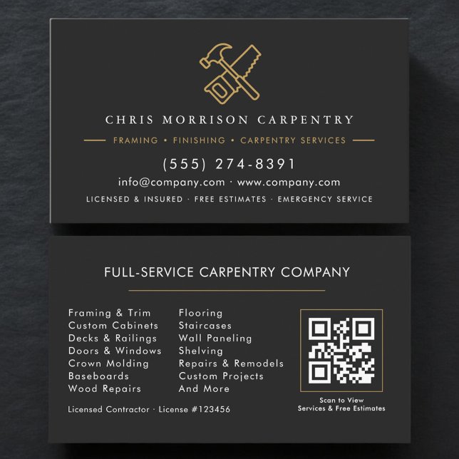QR Code Carpenter Carpentry Black Gold Business Card (Creator Uploaded)