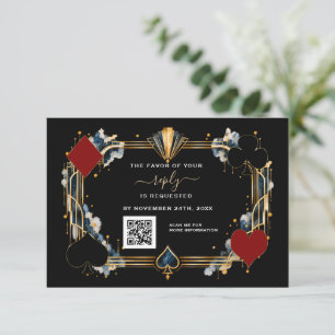 QR Code Casino Navy Gold Black Art Deco Wedding  RSVP Card