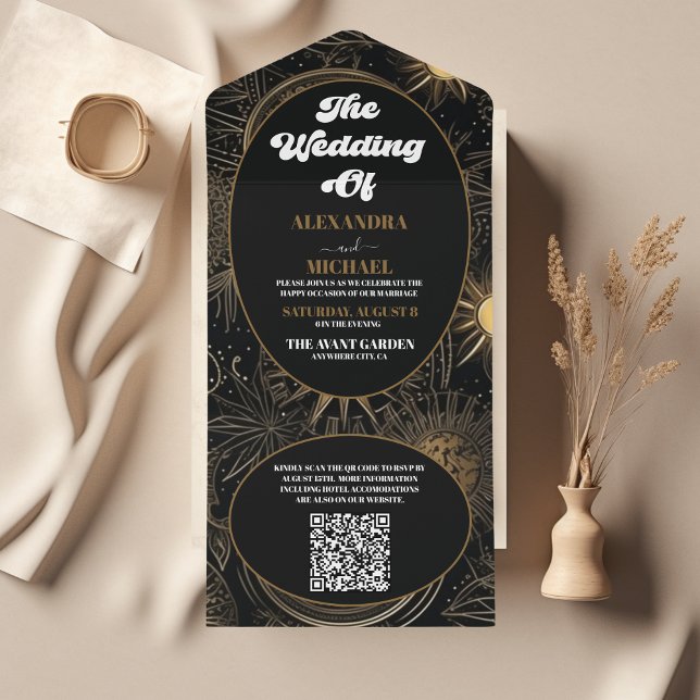 QR Code Celestial Black Gold Wedding All In One Invitation (Creator Uploaded)