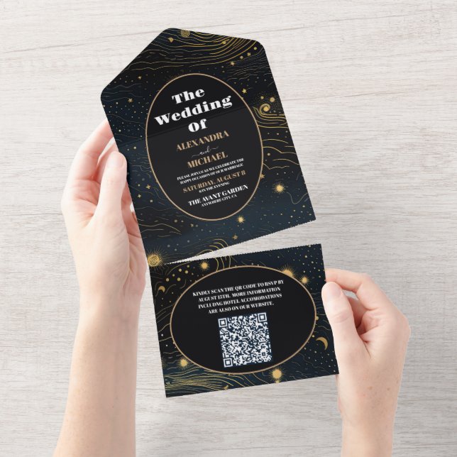QR Code Celestial Crescent Moon Gold Wedding All In One Invitation (Tearaway)