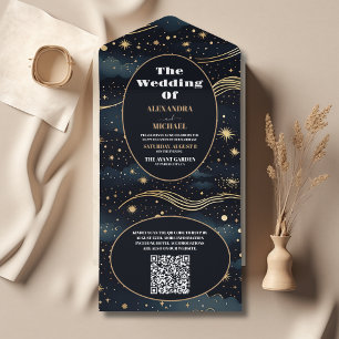 QR Code Celestial Midnight Blue Stars Moon Wedding All In One Invitation
