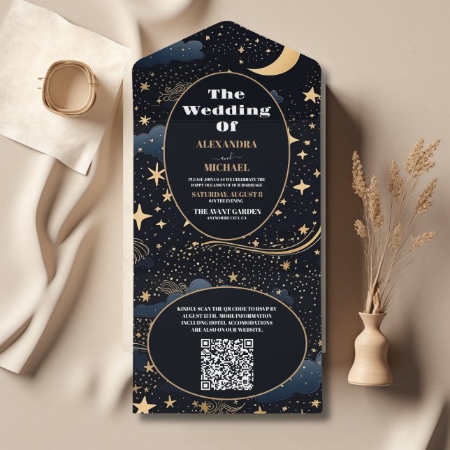 QR Code Celestial Midnight Blue Stars Moon Wedding All In One Invitation (Creator Uploaded)
