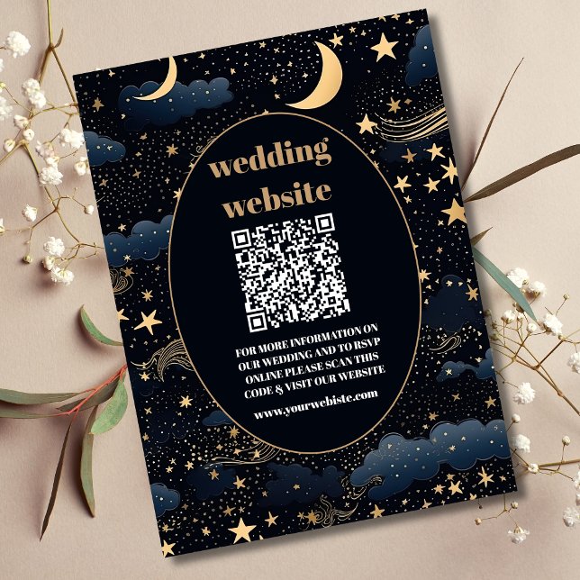 qr code Celestial Midnight Blue Stars Moon Wedding Enclosure Card (Creator Uploaded)