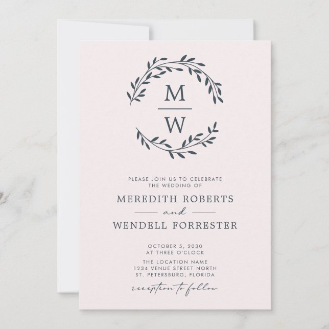 QR Code Charcoal Blush Monogram Wreath Wedding Invitation (Front)