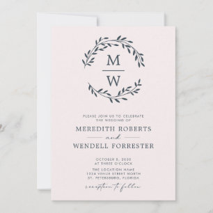 QR Code Charcoal Blush Monogram Wreath Wedding Invitation