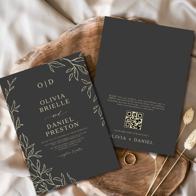 QR Code Charcoal Grey & Gold Minimal Leaf Wedding Invitation (Creator Uploaded)