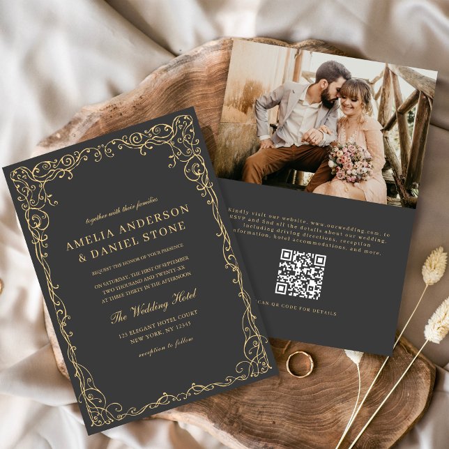 QR Code Charcoal Grey Photo Minimalist Wedding Invitation (Creator Uploaded)