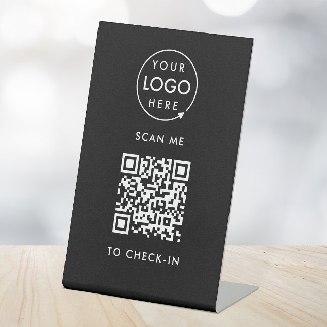 QR Code Check-In | Black Business Logo Contactless Pedestal Sign (Creator Uploaded)