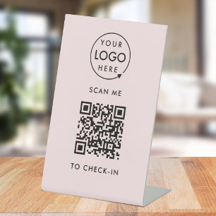 QR Code Check-In   Pink Business Logo Contactless Pedestal Sign