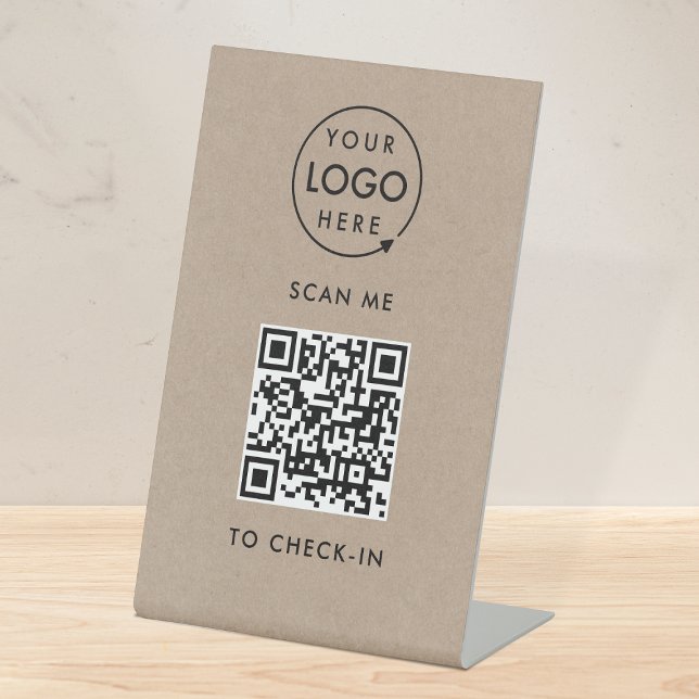 QR Code Check-In | Rustic Kraft Logo Contactless Pedestal Sign (Creator Uploaded)