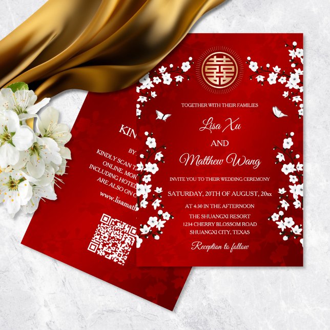 QR Code | Cherry Blossom Chinese Wedding Invitation (Creator Uploaded)