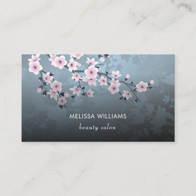 Qr Code | Cherry Blossom Dark Floral  Business Card (Front)