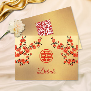 QR Code   Cherry Blossom Red Gold Chinese Wedding Enclosure Card