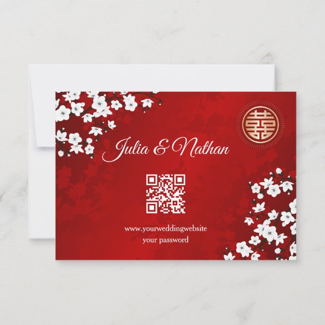 QR Code | Cherry Blossom Red RSVP Chinese Wedding Card (Back)