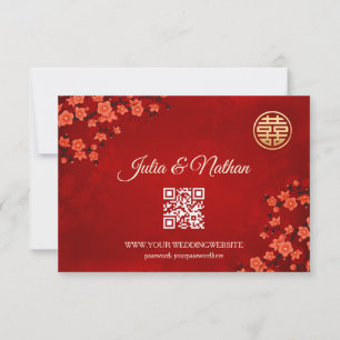 QR Code Cherry Blossom Red RSVP Chinese Wedding Card