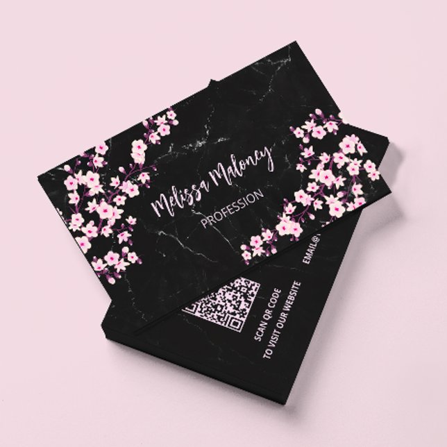 QR Code | Cherry Blossoms Pink Black Marble Business Card (Creator Uploaded)