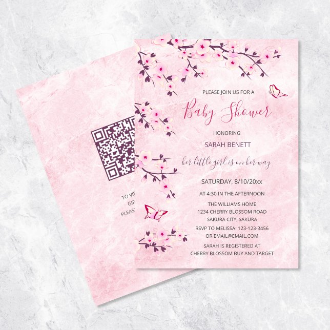 QR Code | Cherry Blossoms Pink Marble Baby Shower Invitation (Creator Uploaded)