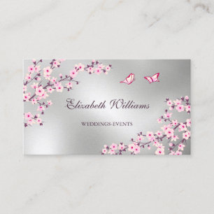 QR Code   Cherry Blossoms Pink Silver  Business Card