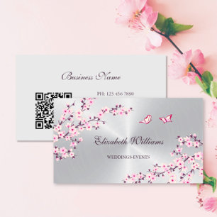 QR Code Cherry Blossoms Pink Silver Business Card
