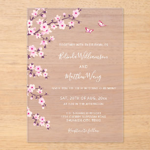 QR Code   Cherry Blossoms  Pink White Wedding Acrylic Invitations