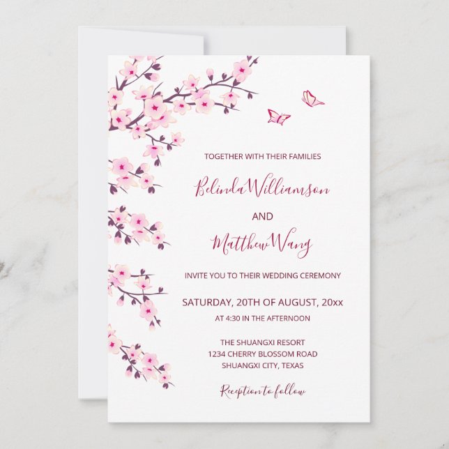 QR Code | Cherry Blossoms  Pink White Wedding Invitation (Front)
