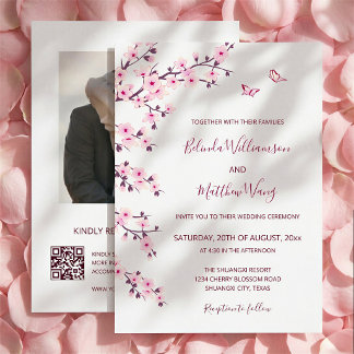 QR Code | Cherry Blossoms  Pink White Wedding Invitation