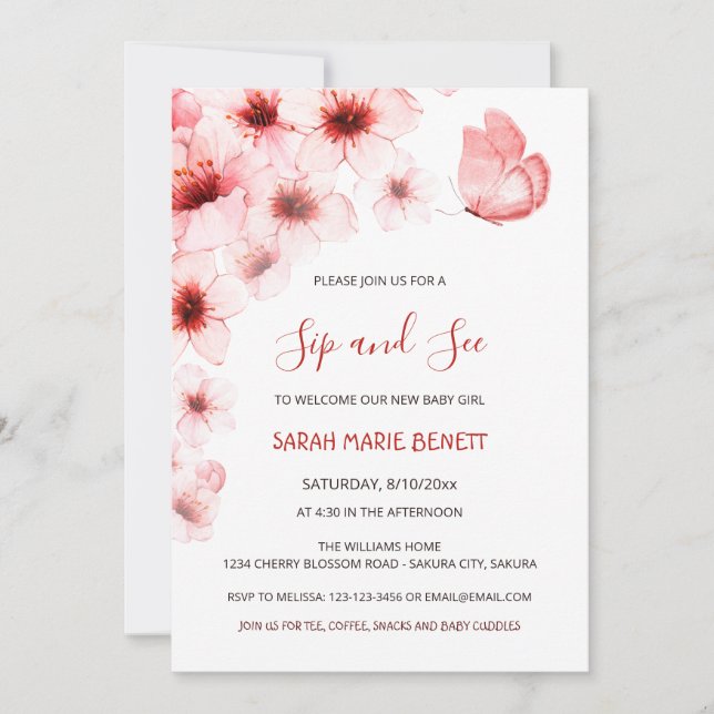 QR Code Cherry Blossoms Watercolor Baby Shower Invitation (Front)