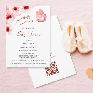 QR Code Cherry Blossoms Watercolor Baby Shower Invitation