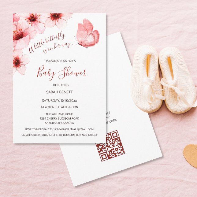 QR Code Cherry Blossoms Watercolor Baby Shower Invitation (Creator Uploaded)